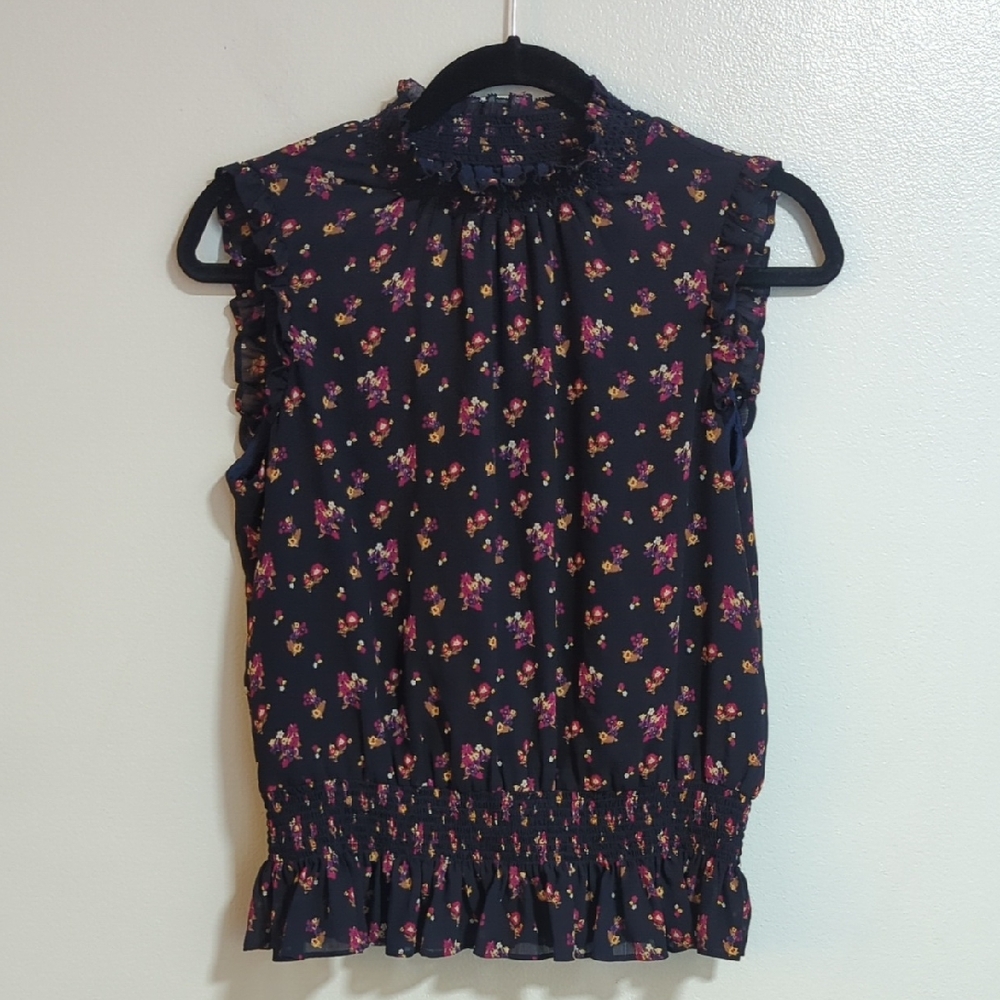 .J. Crew Navy Blue Mixed Floral High Neck Ruffle Smocked Hem Sleeveless Blouse